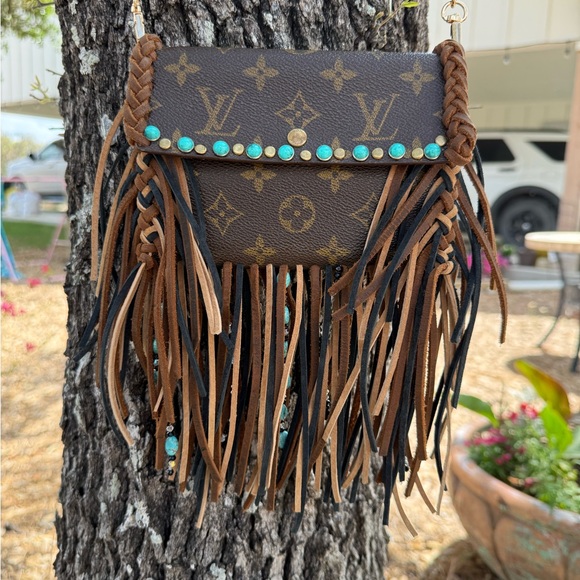 Louis Vuitton Brown Monogram Fringe Crossbody with Turquoise Studs - Picture 14 of 14